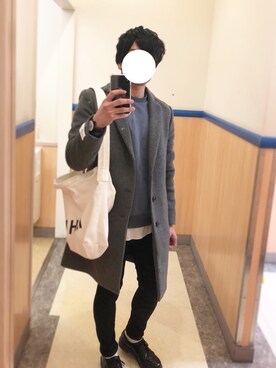 「MHL.」｜「アイテム（チェスターコート）」を使った、TOMさん（メンズ・173cm）の冬コーディネート
