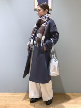 「green label relaxing（グリーンレーベルリラクシング）のアイテム（ノーカラーコート）」を使った、藤田（fujita）さん（レディース・157cm）の冬コーディネート