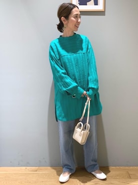 「green label relaxing（グリーンレーベルリラクシング）のSC ハイゲージ テンジク ロングスリーブ Tシャツ / ボーダー（Tシャツ/カットソー）」を使った、藤田（fujita）さん（レディース・157cm）の冬コーディネート