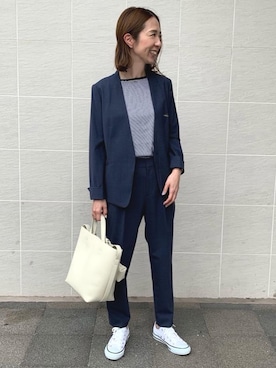「Tシャツ/カットソー」｜「アイテム（ノーカラージャケット）」を使った、藤田（fujita）さん（レディース・157cm）の春コーディネート