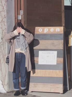 「ボーイフレンドデニム」｜「アイテム（トレンチコート）」を使った、chiiさん（レディース・157cm）の冬コーディネート