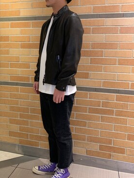 「NCB neat caprice brand（エヌシービーニートカプリスブランド）のNCB neat caprice brand(エヌシービーニートカプリスブランド)　 シープシングルライダース（ライダースジャケット）」を使った、naoさん（メンズ・172cm）の春コーディネート