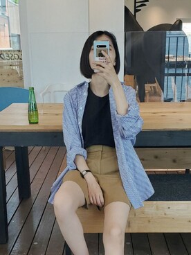 「HANES（ヘインズ）の【WEB限定】Hanes(ヘインズ) 2PスリーブレスTシャツ（Tシャツ/カットソー）」を使った、nanaho.さん（レディース・164cm）の夏コーディネート