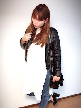 「カッコイイ女子」｜「アイテム（ライダースジャケット）」を使った、さぴ姫さん（レディース・165cm）の春コーディネート