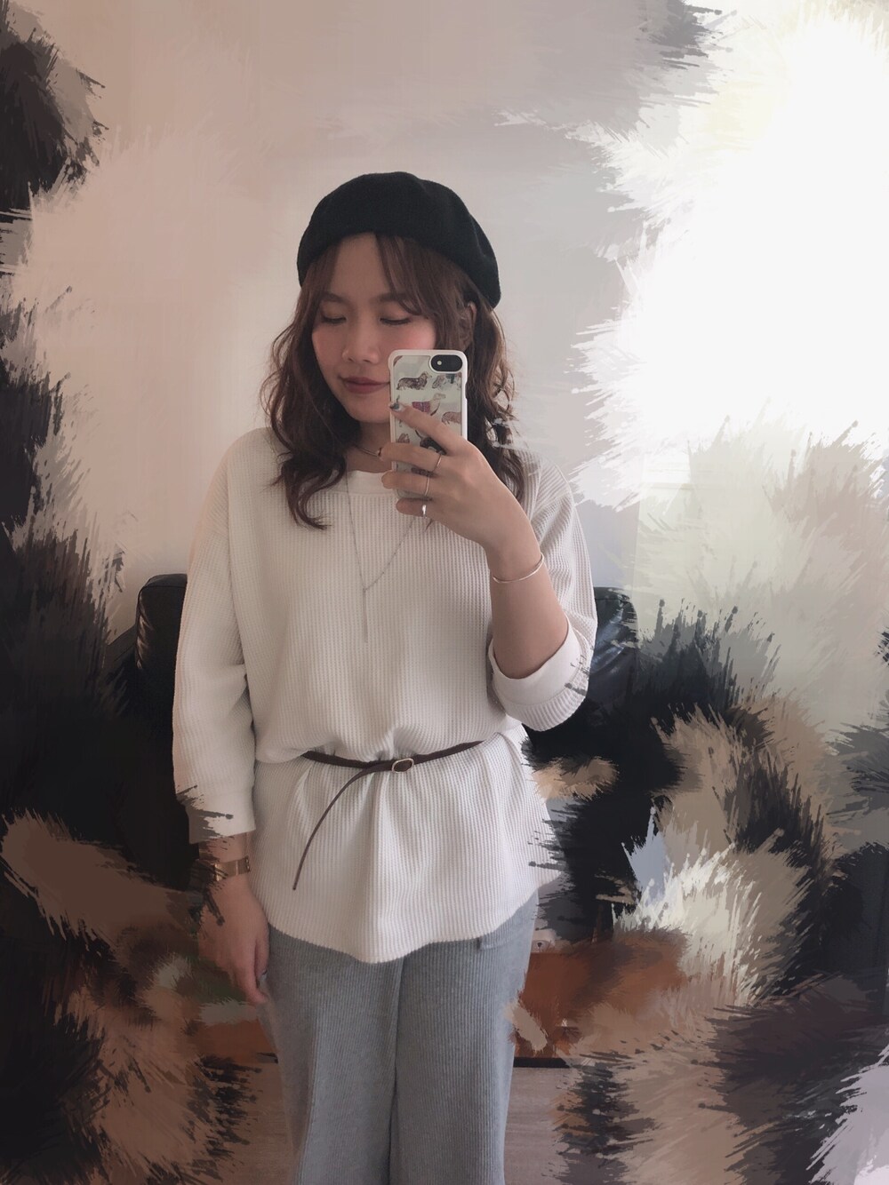 「シンプルコーデ、大人カジュアル、ootd、オーバーサイズ、GU、ベレー帽、低身長コーデ、ユニクロ、サーマル、ベルト」｜「LINEASTORIAの【フルウィッグ・ミディアム】天使のルーズミディ（ウィッグ、その他）」を使った、えかさん（レディース・153cm）の冬コーディネートの1枚目の写真