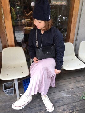 「アイテム（ニットキャップ/ビーニー、ブルー系）」を使った、Ryuta Katoさん（レディース・155cm）の春コーディネート