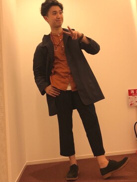 「秋のブラウンスタイル」｜「アイテム（ステンカラーコート）」を使った、たいようさん（メンズ・171cm）の秋コーディネート