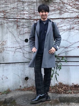 「ノーカラーシャツ」｜「アイテム（チェスターコート）」を使った、たいようさん（メンズ・171cm）の冬コーディネート