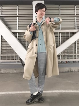「ノーカラーシャツ」｜「アイテム（ステンカラーコート）」を使った、たいようさん（メンズ・171cm）の春コーディネート