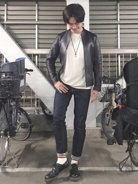 「EDWIN」｜「アイテム（ライダースジャケット）」を使った、たいようさん（メンズ・171cm）の春コーディネート