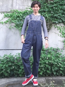 「no brand（ノーブランド）のアイテム（サロペット/オーバーオール）」を使った、たいようさん（メンズ・171cm）の春コーディネート