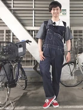 「no brand（ノーブランド）のアイテム（サロペット/オーバーオール）」を使った、たいようさん（メンズ・171cm）の夏コーディネート