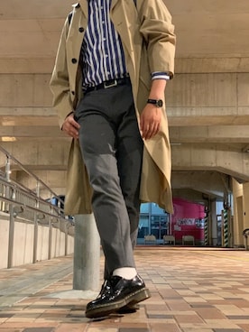 「シャツイン」｜「アイテム（ステンカラーコート）」を使った、たいようさん（メンズ・171cm）の秋コーディネート
