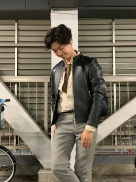 「シャツイン」｜「アイテム（ライダースジャケット）」を使った、たいようさん（メンズ・171cm）の秋コーディネート