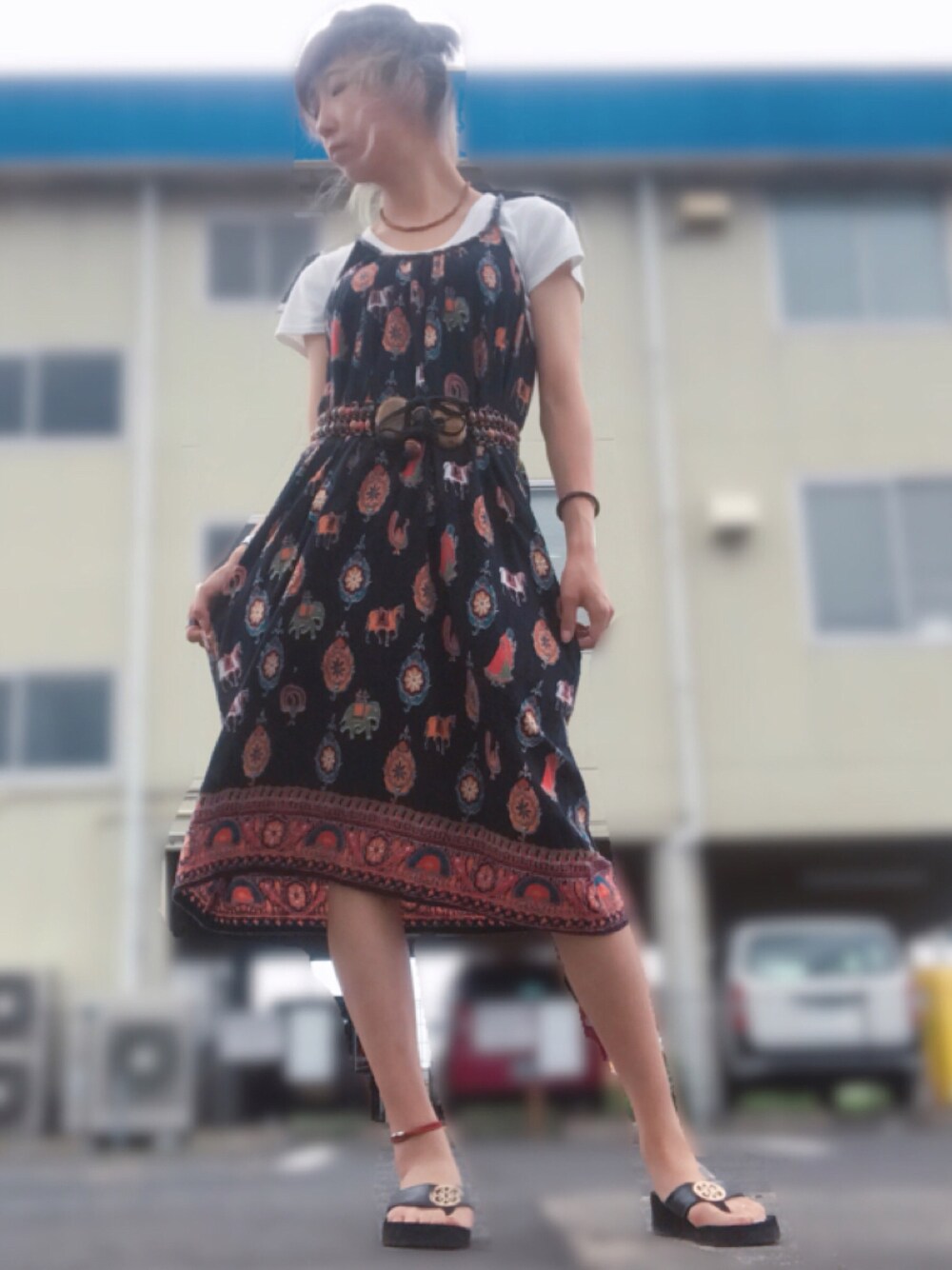 「夏コーデ、エスニック、アジアン、ワンピース、古着、used、ぼくのせかい」｜「usedのアイテム（ベルト、その他）」を使った、みみたろうさん（レディース・169cm）の夏コーディネートの1枚目の写真