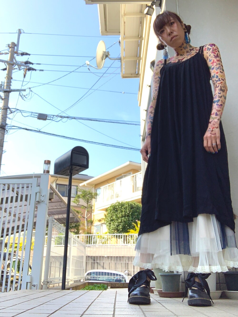 「ハロウィン、タトゥーシール」｜「n'OrLABELのアイテム（ワンピース/ドレス、ブラック系）」を使った、mimiho*deathさん（レディース・167cm）の秋コーディネートの1枚目の写真