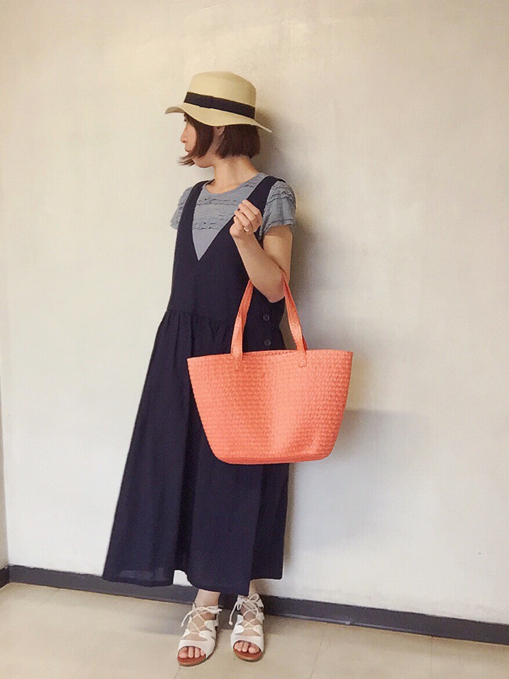 「夏、休日スタイル、シースルー、レース、水色、オレンジ、かごバッグ、レースアップシューズ、過保護のカホコ」｜「WEARバンド部のアイテム（音楽/本・雑誌、その他）」を使った、star☆さん（レディース・160cm）の夏コーディネートの1枚目の写真