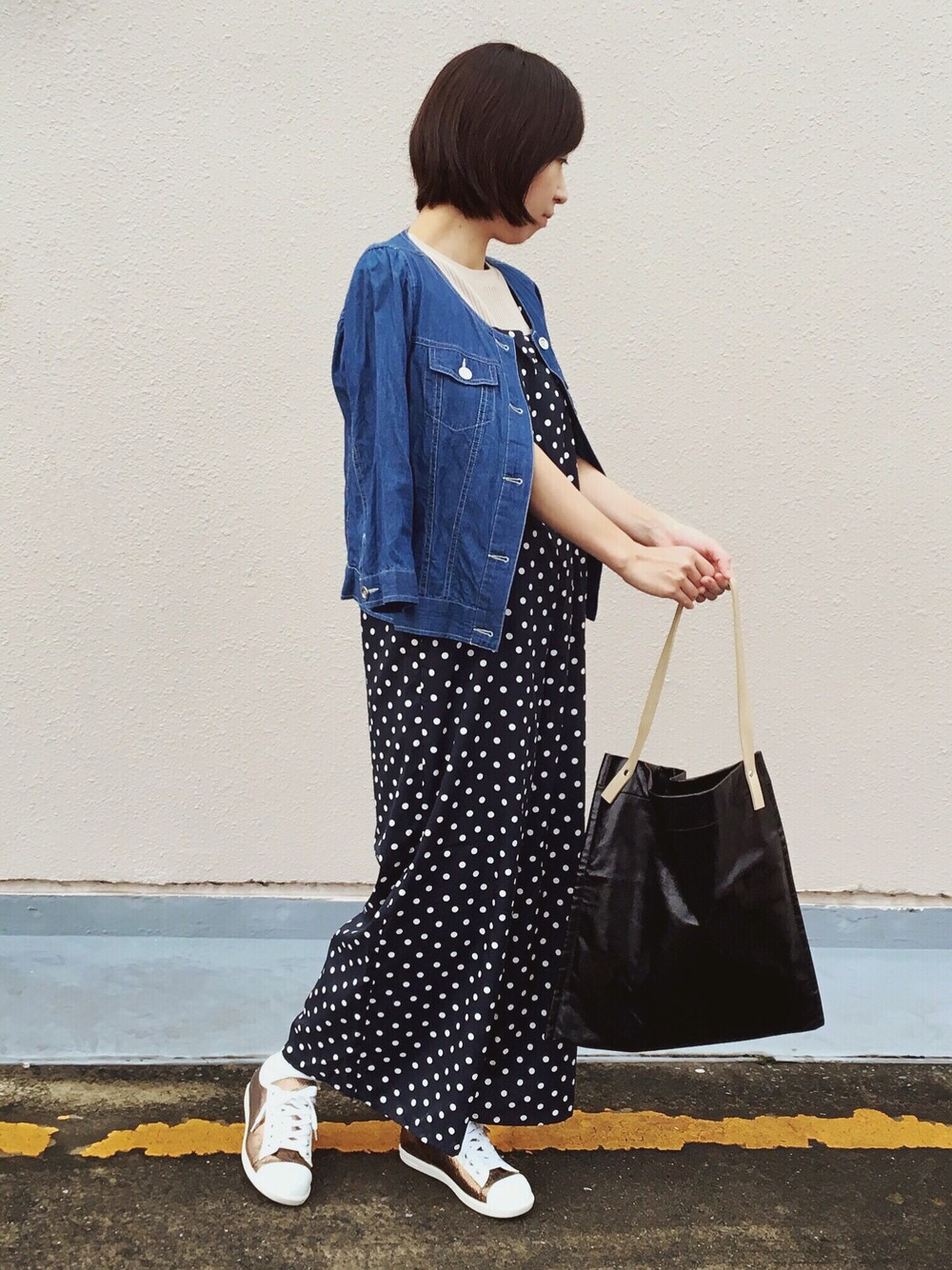 「今日のコーデ、休日スタイル、秋服準備はじめました、秋、パンツスタイル、サロペット、ドット、デニム、Gジャン、メタリック」｜「WEARバンド部のアイテム（音楽/本・雑誌、その他）」を使った、star☆さん（レディース・160cm）の秋コーディネートの1枚目の写真