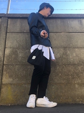 「巾着バッグ」｜「アイテム（ライダースジャケット）」を使った、shimadamasaruさん（メンズ・164cm）の冬コーディネート