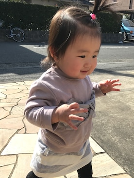 「petit main（プティマイン）の胸リボンモチーフ長袖トレーナー（スウェット、ピンク系）」を使った、♡kikka・akito♡さん（キッズ・110cm）の冬コーディネート