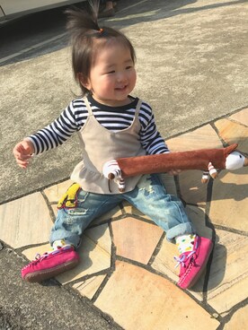 「no brand（ノーブランド）のアイテム（モカシン/デッキシューズ）」を使った、♡kikka・akito♡さん（キッズ・80cm）の春コーディネート