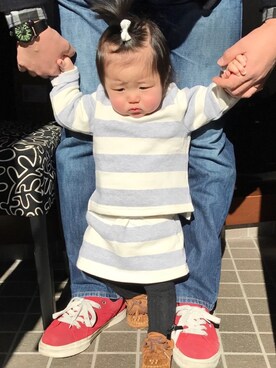 「petit main（プティマイン）のボーダーセットアップ（スウェット、グレー系）」を使った、♡kikka・akito♡さん（キッズ・110cm）の冬コーディネート