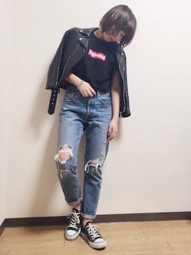 「シュプリーム」｜「アイテム（ライダースジャケット）」を使った、まりんさん（レディース・155cm）の冬コーディネート