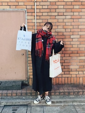 「チェックマフラー」｜「アイテム（ステンカラーコート）」を使った、まりんさん（レディース・155cm）の冬コーディネート