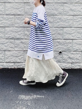 「ワッシャースカート」｜「アイテム（ワンピース/ドレス）」を使った、まりんさん（レディース・155cm）の夏コーディネート