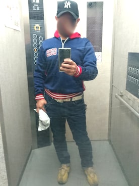 「チャンピオン パーカー」｜「アイテム（帽子）」を使った、エレベーター兄貴さん（メンズ・165cm）の秋コーディネート