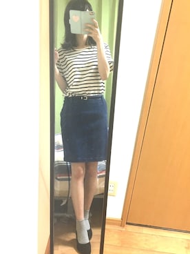 「NATURAL BEAUTY BASIC（ナチュラルビューティーベーシック）のアイテム（デニムスカート、ブルー系）」を使った、みゃいさん（レディース・161cm）の夏コーディネート