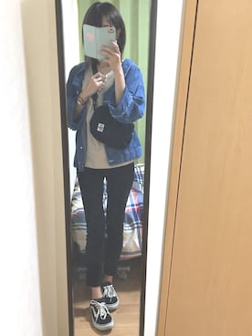 「ems excite（エムズエキサイト）のアイテム（デニムジャケット、ブルー系）」を使った、みゃいさん（レディース・161cm）の秋コーディネート