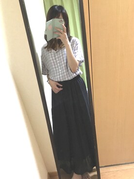 「ehka sopo（エヘカソポ）のチェック柄開襟シャツ（シャツ/ブラウス、パープル系）」を使った、みゃいさん（レディース・161cm）の夏コーディネート
