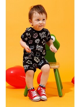 「アイテム（ロンパース、ブラック系）」を使った、BABYDOLL(ベビードール)さん（キッズ・81cm）の夏コーディネート