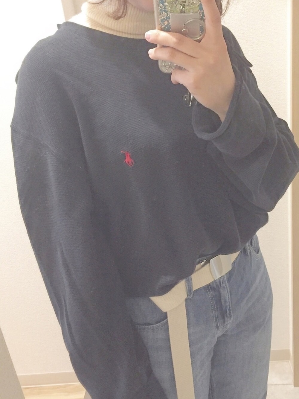 「Polo Ralph Lauren、UNIQLO、wcloset、asics、asics tiger、denim、古着、古着コーデ、サーマル」｜「POLO RALPH LAURENのアイテム（トップス、ブラック系）」を使った、nom.さん（レディース・154cm）の春コーディネートの1枚目の写真