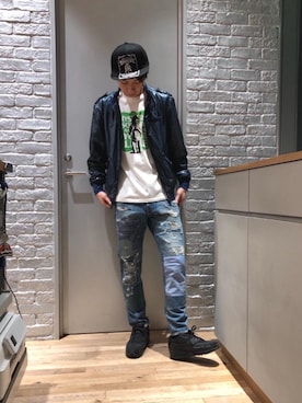 「HYSTERIC GLAMOUR（ヒステリックグラマー）のHYS WHISKY柄 刺繍キャップ（キャップ）」を使った、ryoheiさん（メンズ・170cm）の春コーディネート