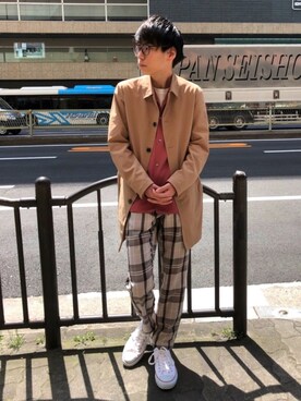 「tk.TAKEO KIKUCHI（ティーケータケオキクチ）のアイテム（ステンカラーコート）」を使った、tk.TAKEOKIKUCHI天王寺ミオさん（メンズ・170cm）の春コーディネート