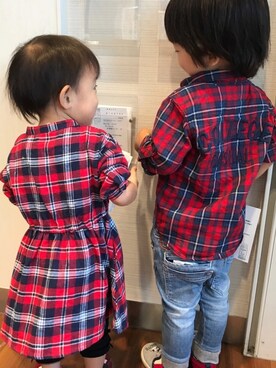 「Moujonjon（ムージョンジョン）のアイテム（シャツワンピース）」を使った、そら♡のあママさん（キッズ・100cm）の秋コーディネート
