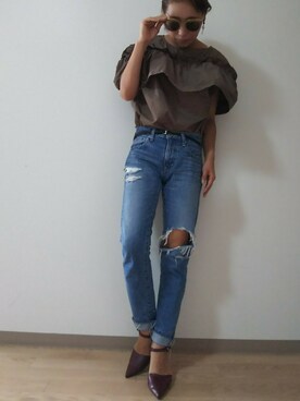 「GYADAのアイテム（デニムパンツ、ブルー系）」を使った、MRさん（レディース）の夏コーディネート