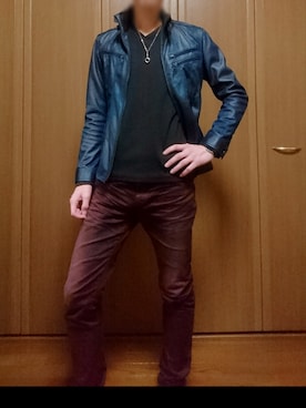 「ワインレッド」｜「アイテム（ライダースジャケット）」を使った、ハリネズミさん（メンズ・178cm）の秋コーディネート