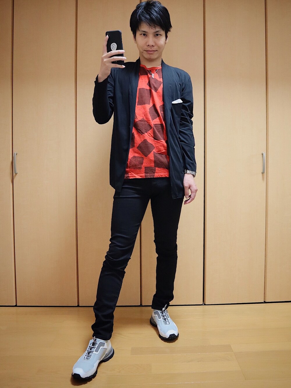 「フィットネス、スポーツmix、スポーティー、今日のコーデ、ワークアウト、お洒落さんとつながりたい、おしゃれさんと繋がりたい、イメチェン、フリーモデル、自分磨き」｜「PRADAのアイテム（デニムパンツ、ブラック系）」を使った、AVANT-GARDE KENTAさん（メンズ・175cm）の夏コーディネートの1枚目の写真