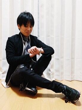 「no brand（ノーブランド）のアイテム（ノーカラージャケット）」を使った、AVANT-GARDE KENTAさん（メンズ・174cm）の冬コーディネート