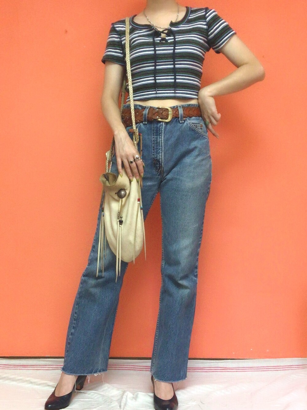 「リーバイス517、Levi's、70s、インディアンジュエリー、ブーツカットデニム、クロップドトップス、古着MIX、古着女子」｜「Levi'sの90s usa製　levis517（デニムパンツ、ブルー系）」を使った、noriさん（レディース・158cm）の夏コーディネートの1枚目の写真
