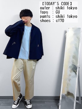 「サックスブルー」｜「アイテム（ブルゾン）」を使った、かめさん（メンズ・177cm）の春コーディネート