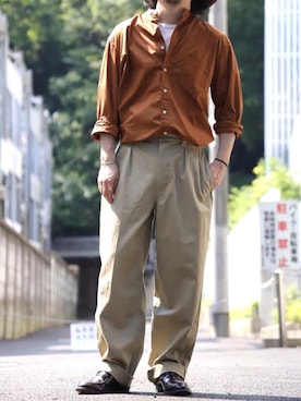 「アイテム（トップス、ブラウン系）」を使った、tmoriさん（メンズ・170cm）の夏コーディネート