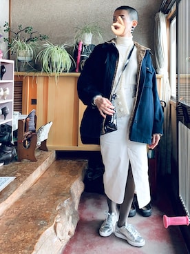 「ビーズバッグ」｜「アイテム（ミリタリージャケット）」を使った、ほたてさん（レディース・166cm）の冬コーディネート