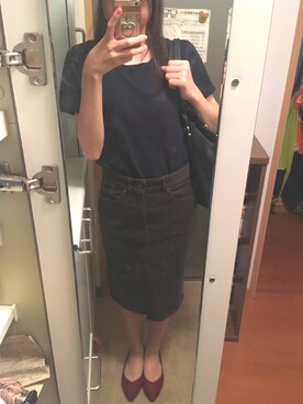 「earth music&ecology（アースミュージックアンドエコロジー）のアイテム（Tシャツ/カットソー、ブルー系）」を使った、hさん（レディース・162cm）の秋コーディネート