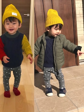 「1歳半」｜「アイテム（ニットキャップ/ビーニー）」を使った、はる☆さん（キッズ・80cm）の冬コーディネート