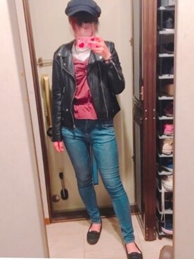 「OZOC（オゾック）のアイテム（ライダースジャケット）」を使った、ぱんけきさん（レディース・168cm）の秋コーディネート