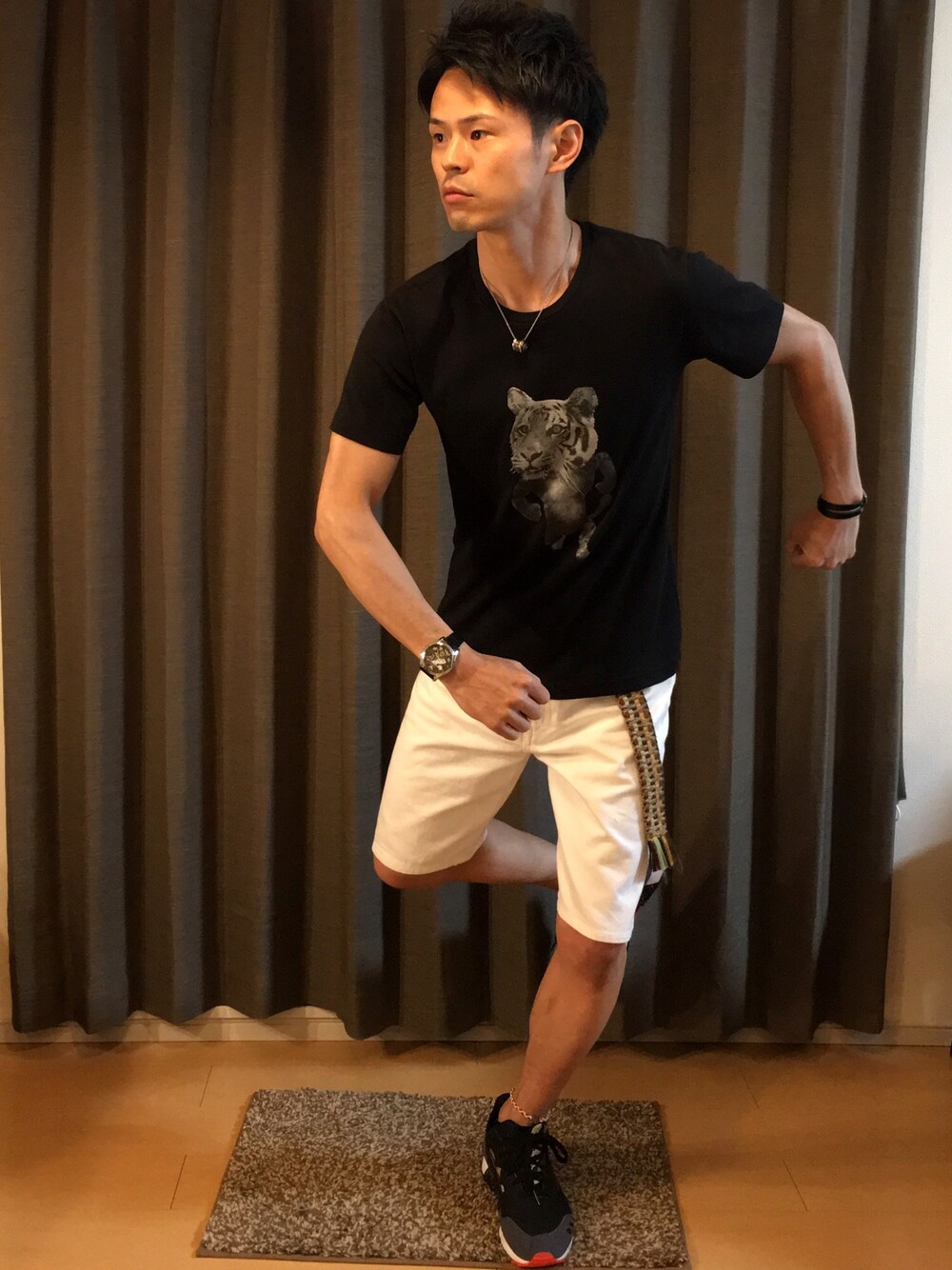 「asics、asics tiger、オニツカタイガー、ダルメシアン」｜「Onitsuka Tigerのアイテム（Tシャツ/カットソー、ブラック系）」を使った、帰ってきたSHIGE_KICKS👟さん（メンズ・168cm）の春コーディネートの1枚目の写真